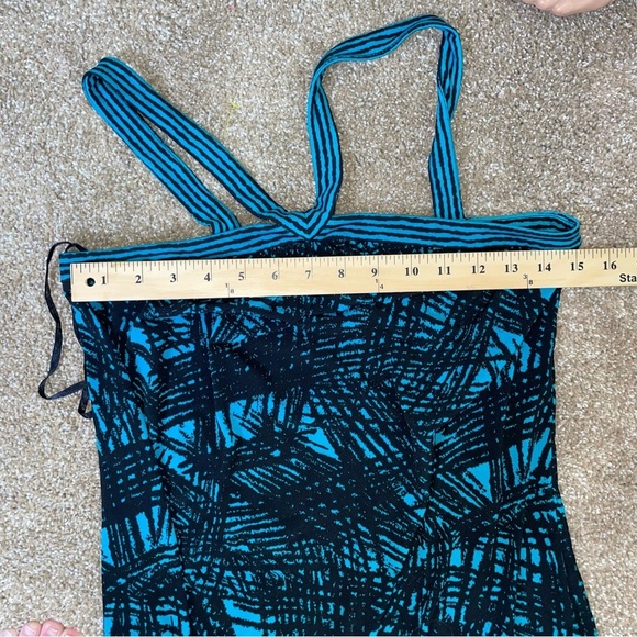 BCBG Maxazria Mini Dress abstract black & teal slinky stretch strappy SZ XS - Picture 6 of 8